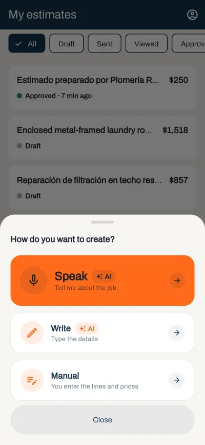 Cotiza's create sheet with three options: Speak with AI, Write with AI, and Manual where you enter the lines and prices yourself