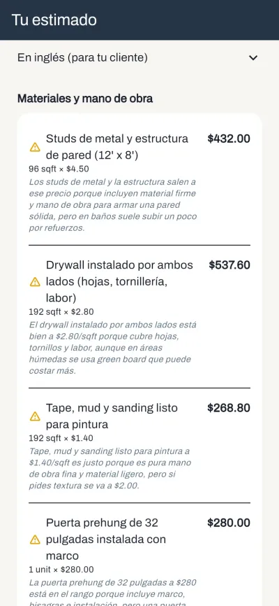 El desglose completo del estimado de drywall en Cotiza: studs de metal, drywall a dos caras, tape y mud, y la puerta prehung, cada uno con cantidad y precio