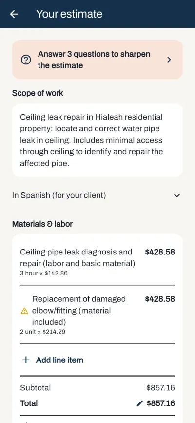 Cotiza estimate for a drywall job showing the scope of work and a materials and labor breakdown with quantities and prices