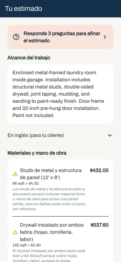 Un estimado generado por Cotiza con el alcance del trabajo, la versión en inglés para el cliente y el inicio del desglose de materiales y labor