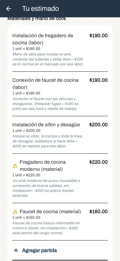 Estimado de Cotiza con el desglose de materiales y mano de obra: partidas con cantidades, precios unitarios y avisos de rango de precio