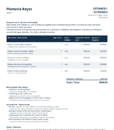 Page one of a Cotiza PDF estimate with every section in English and Spanish: scope of work, line items with prices, subtotal and total, not included, and assumptions