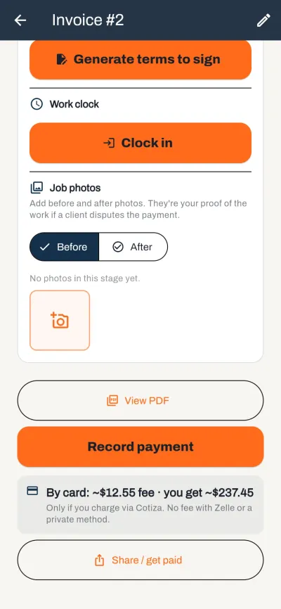 A Cotiza invoice showing Record payment and Share / get paid actions, with the card fee and the exact payout amount displayed before sharing
