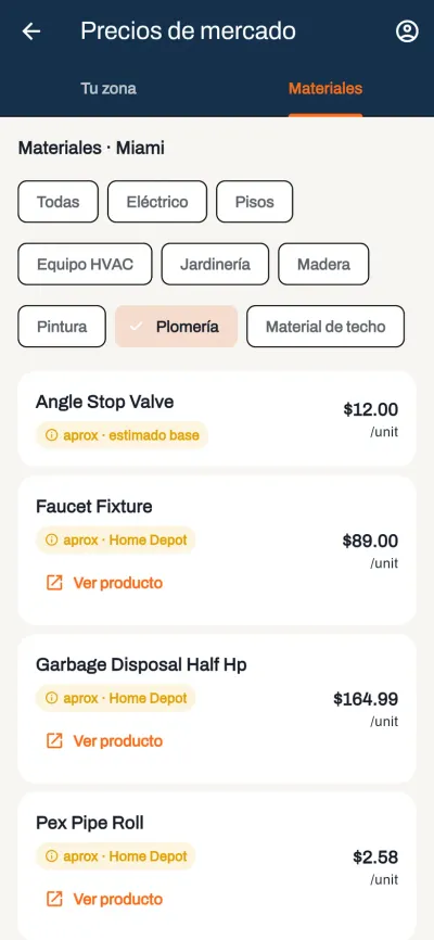 Pestaña Materiales de Cotiza filtrada por la categoría Plomería, con precios de faucets, válvulas y tubería