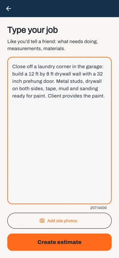 The typed job description screen in Cotiza with a real drywall job written in plain words: a 12 by 8 wall with a 32 inch prehung door