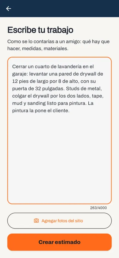 La pantalla de escribir el trabajo en Cotiza con un trabajo real de drywall contado en palabras de obra: una pared de 12 por 8 con puerta de 32 pulgadas